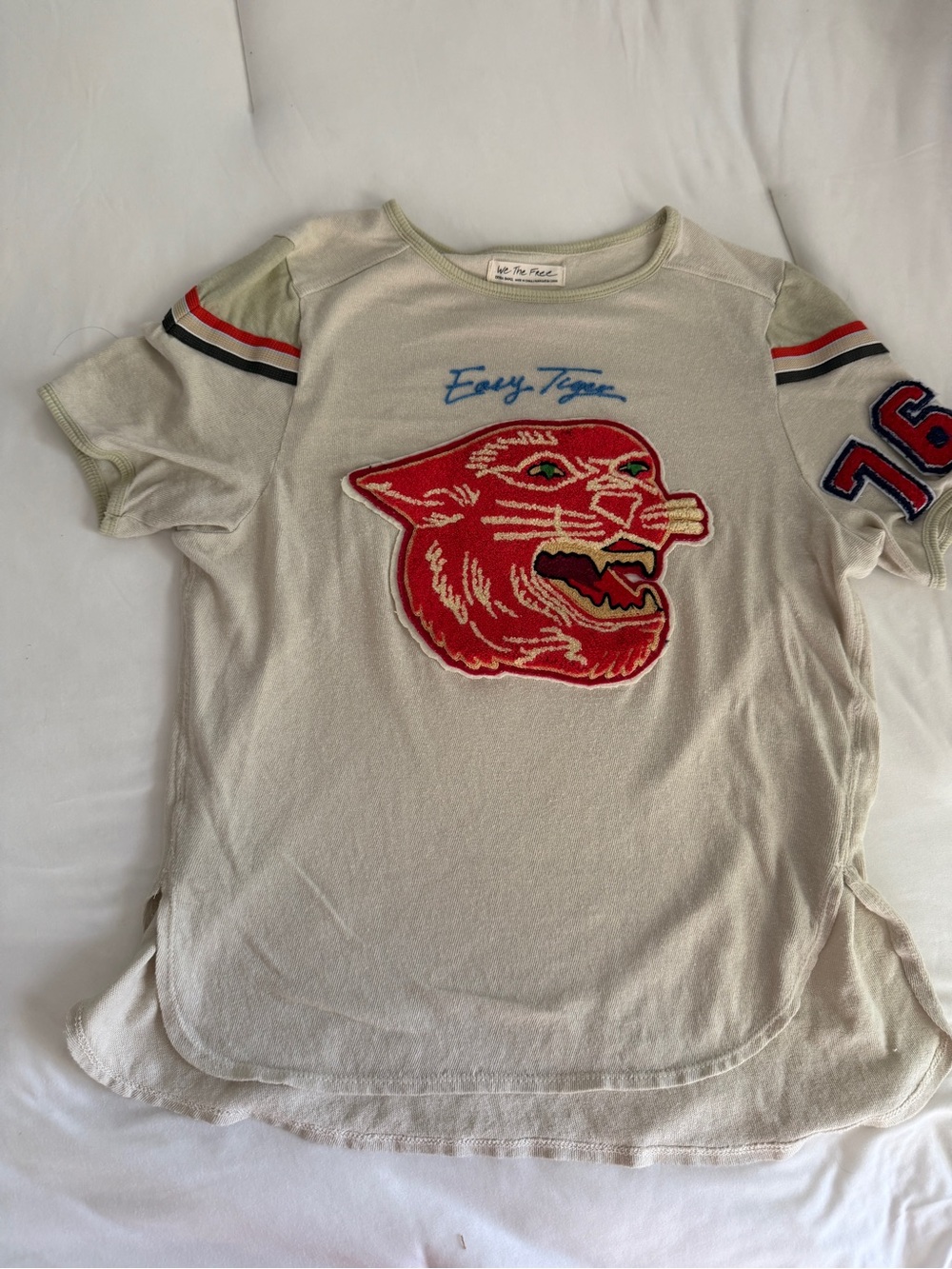 Free People Cream Short Sleeve Tee with Red Panther Patch and Stripe Accents